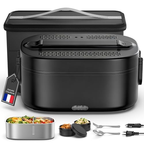YEEFON Gamelle Chauffante 80W, Lunch Box Chauffante 1,5L, Chauffe Plat Voiture 3 en 1 220V 24V 12V, Acier Inoxydable, Chauffe Gamelle...