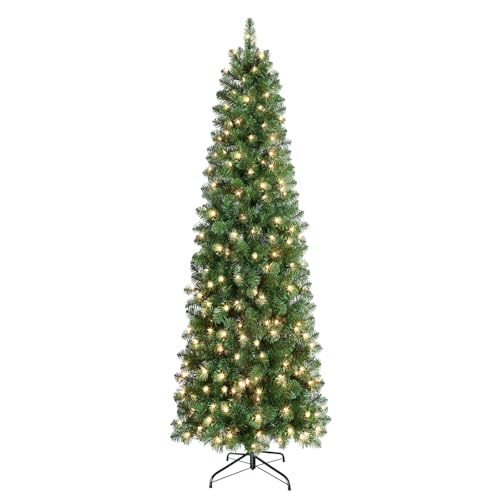 SHareconn 9 ft Prelit Artificial Hinged Slim Pencil Christmas Tree with Warm White Lights, Full...