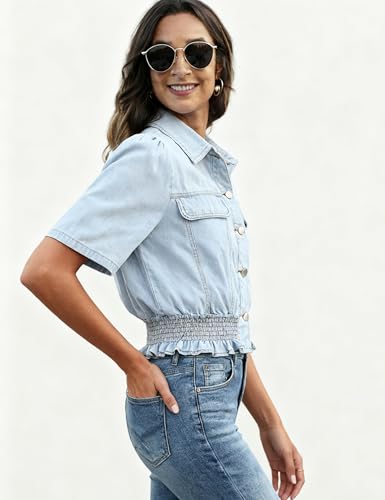 Omoone Women's Short Sleeve Denim Shirt Peplum Ruffle Hem Denim Crop Top Jackets Cowgirl Outfits4
