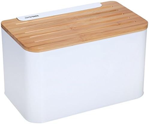 Elegant trendy bread bin with wooden lid (cutting board). White