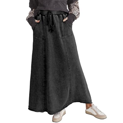 Ainangua Womens High Waist Maxi Skirt Acid Wash Casual Flowy Elastic A Line Travel Boho Long Skirt with Pockets (Black,L) by Ainangua - Used condition - US$36.09