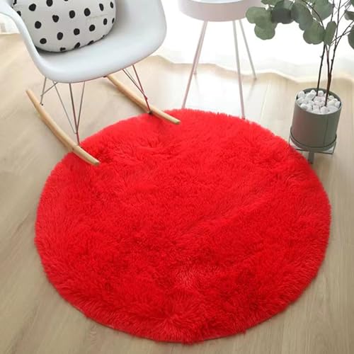 Treer Alfombra Redonda de Pelo Largo para Salón, Alfombras Dormitorio Modernas Lavables Antideslizante Alfombra Shaggy Grandes, Esponja Alfombra área para Habitacion (100cm,Rojo)