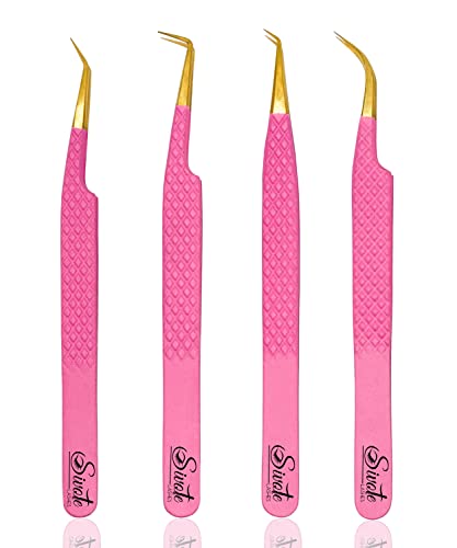 Fiber Tip Lash Tweezers Set of 4, Pink, Diamond Grip, Japanese Steel