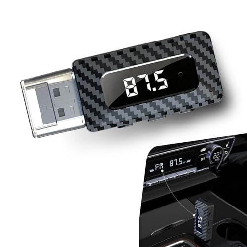 Polcatay Car USB Bluetooth Receiver, HD LED Display FM Transmitter Audio Adapter, DC 5V Plug and Play Adjustable Frequency Bluetooth Receiver with AUV Connector, for Most Cars Home (Black)