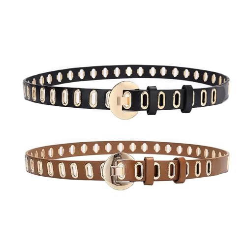 2 Pack Women Fashion Leather Belt,Punk Belt, Hip-Hop Goth Hollowed Out Belt for Jeans Pants Dresses