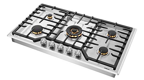ROBAM G515 36” Gas Cooktop Stove with 5 Italian-Made DEFENDI Burners (Pure Copper) | 20,000 BTU w/Flame Failure System, Matte Cast Iron Grates (Including Wok Grate) | Natural Gas Or LPG