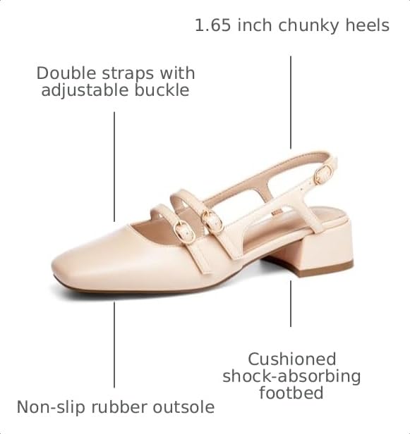 Image of Coutgo Women's Mary Jane Chunky Low Heels Slingback Pumps Closed Square Toe Wedding Dress Shoes