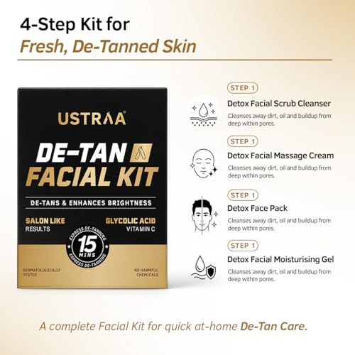 Image of Ustraa De-Tan Facial Kit for Men - 40g | 15 Min Express De-Tanning Facial | Brightens Skin & Removes Tan | Glycolic Acid, Vitamin C & Activated Charcoal | Salon-Like Glow at Home