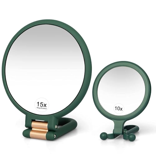 Linkstyle 2 Pieces Magnifying Makeup Mirrors, Hand Mirrors Double Sided with 1/10/15X Magnification, Beauty Vanity Mirror Travel Folding Portable Small Hanging Bathroom for Girls Women Men, Green