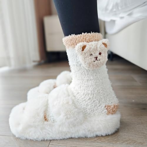 Image of 5 Pairs Fuzzy Socks for Women, Winter Thickening Coral Velvet Cozy Socks, Warm Home Sleeping Socks, Cute Animal Slipper Socks
