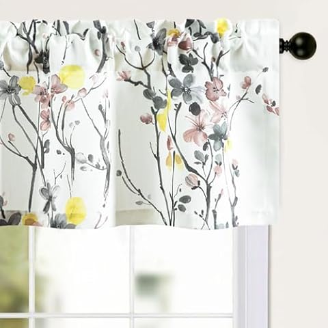 Leeva Kitchen Decorative Curtain Valance, Floral Print Linen Look Window Treatment for Bedroom Living Room, Rod Pocket Light Filtering Drapes for Dining Room,1 Piece, 52x14 Cover