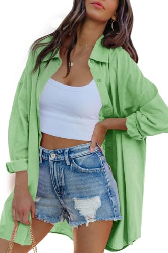 Image of FSHAOES Womens Oversized Button Down Shirts Casual Loose Long Sleeve Solid Lapel Long Blouses Tops with Pockets