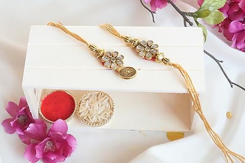 Elegant Bhaiya Bhabhi Rakhi Set with Red and Gold Beads, Pearls, and Tassels - Includes Roli and Chawal for Raksha Bandhan3