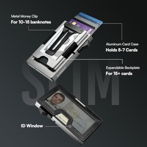 Image of Tactical Mens Wallet, RFID NFC Blocking Pop Up Card Holder, 1.3cm Ultra Slim Space Aluminum Minimalist Money Clip Wallet for Men With ID Window Gray