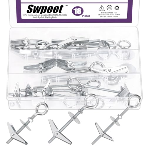 Swpeet 18 Set M4 M5 M6 Eye Bolt Toggle Bolts and Wing Nut Kit with Hex Nuts, Washers Assortment Kit, Heavy Duty Butterfly Toggle Anchors Swag Hooks for Hanging Heavy Items on Drywall