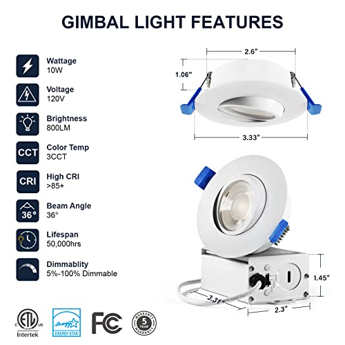 Image of Sublimation 4 Packs 3 Inch Gimbal Led Recessed Light with Junction Box 10w,Waterproof recessed Lights for Shower,3 Colors Adjustable,Suitable for Bathroom,Parlor,Bedroom,Kitchen,Balcony