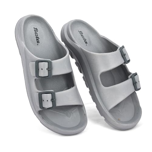 Image of Bata Men's Double Strap Slide Sandals, Grey, EVA Material, Adjustable Buckle, Textured Footbed, Casual Comfort, Open Toe