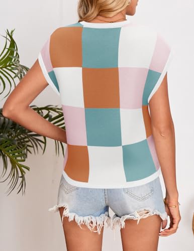 Image of ZESICA Women's Summer Trendy Knit Top 2026 Floral Print Short Sleeve Crewneck Loose Fit Sweater Vest Going Out Clothes