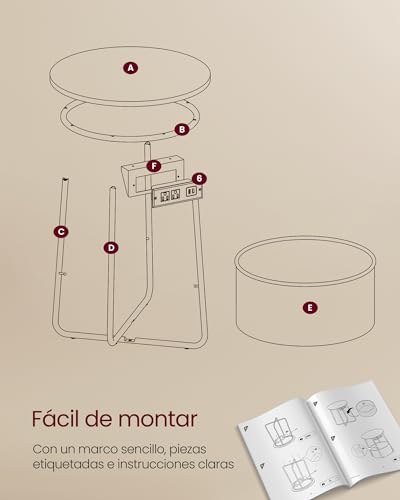 VASAGLE Mesa Auxiliar, Mesa Lateral Redonda con Tomas de Corriente, Cesta de Tela, Espaciosa, para Salón, Dormitorio, Mesita de Noche, Estilo Moderno, Blanco Mate y Marrón Camello LET228W02 - imagen 8