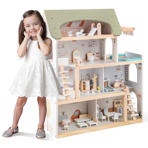 Image of Maxmass Kids Wooden Dollhouse, Pretend Dolls House with Furniture Accessories and Simulated Rooms, Children DIY Role Play DIY House Playset Gift for 3+ Years Old(3-Storey, 33 PCS, 6 Rooms)