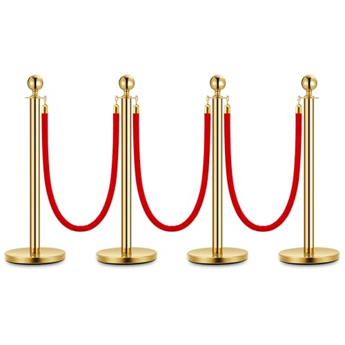 Stanchions and Velvet Ropes, Crowd Control Barriers Queue Pole,Red Carpet Ropes and Poles, Gold Gold-4 post 3 rope