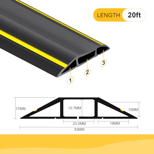 Image of 20 Ft Heavy Duty Floor Cord Cover Cable Protector, 3 Channels Protect Cords and Prevent a Trip Hazard- Conceal Wires at Home, Office, Warehouse, Workshop, Concerts