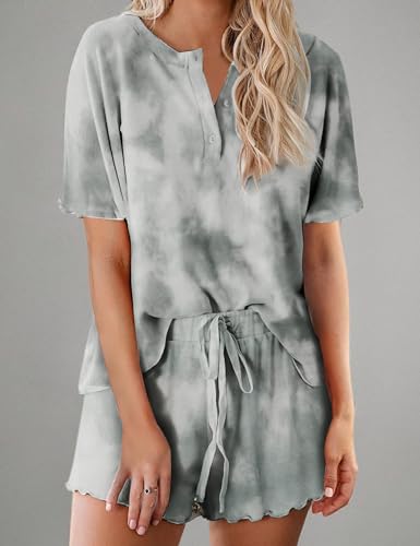Image of Ekouaer Pajamas Set for Women Short Sleeve Lounge Set 2 Piece Loungewear PJs Soft Cute Lightweight Sleepwear