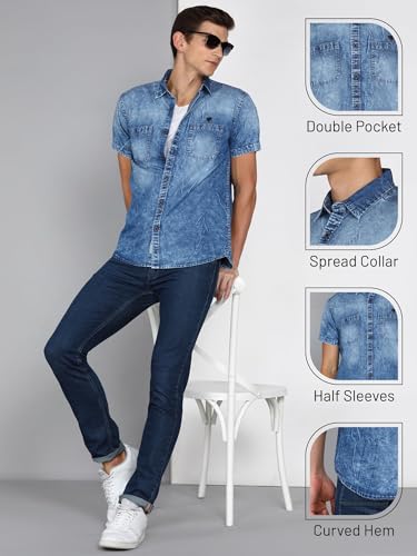 Image of Kuons Avenue Men's Half Sleeve Denim Shirt | Double Pockets - Comfortable Everyday & Casual Outing Wear