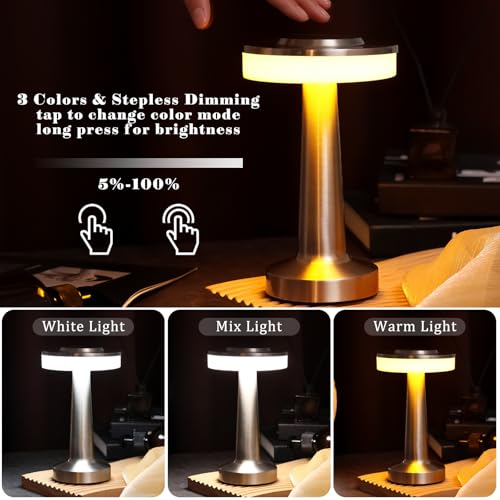 Image of Riakrum 1 Pcs LED Cordless Table Lamp Bulk Rechargeable,Silver | Portable Wireless Lamps, 3 Color Stepless Dimming, 15 Hour Battery, Touch Control, Wedding Home Restaurant Decor