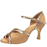 Rummos Mujeres Zapatos de Baile R550 027-132 - Material: Nobuk/Brillante - Color: LigBrown/Dorado - Anchura: Normal - Tacón: 60R Flare - Talla: EUR 40