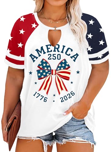 Ithalt - Ithalt Plus Size 250th Anniversary USA Shirt Women 4th of July Shirts American Flag Bow Tshirt USA Patriotic V Neck Tee(White3,4X-Large) (62% Off Amazon Deal)