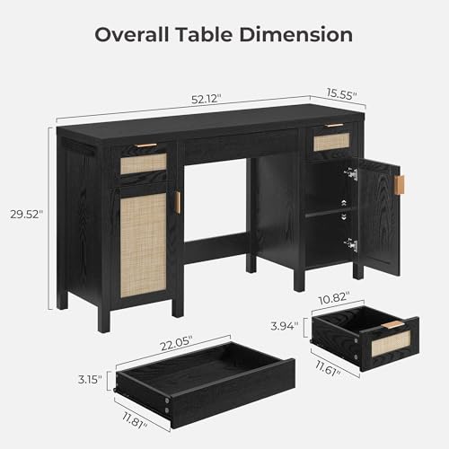 Image of SICOTAS 52 Inch Vanity Table Rattan Vanity Home Office Desk with 3 Drawers | 2 Pieces Farmhouse Boho Makeup Vanity Dressing Table with Large Storage, Vanities Desk for Makeup Room, Bedroom, Office