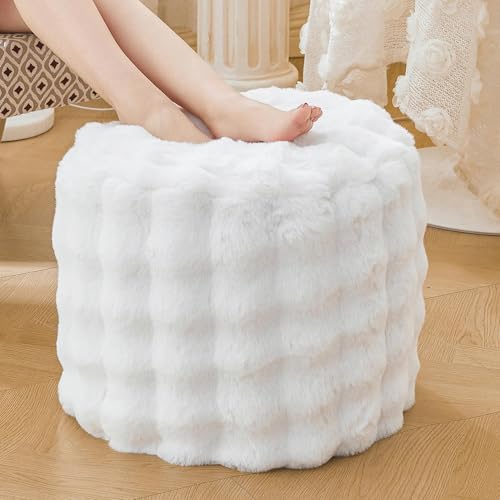 LIFEREVO Luxury Faux Rabbit Fur Round Inflatable Pouf Ottoman, 20 X 16 Fluffy Plush Waffle Bubble Floor Poufs Foot Stool Rest Anti-Slip Furry Foldable Ottoman Seat for Home Decor Kids Adults, White