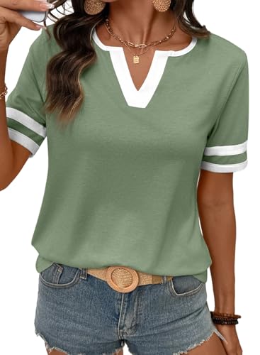 SHEWIN Women's Summer Tops Cotton V Neck Short Sleeve T-Shirts Colorblock Ladies Loose Casual Basic Tees 2026 Clothes Green Large
