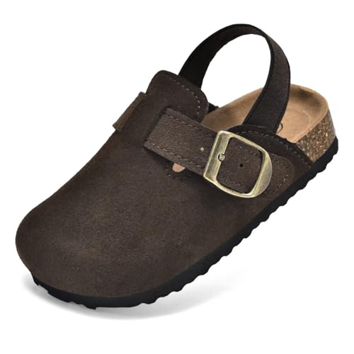 Image of Kids Suede Clogs Boys Girls Mules Cork Genuine Leather Sandals with Adjustable Buckle Slippers Potato Shoe Indoor Outdoor Slip On Slide for Big Kids