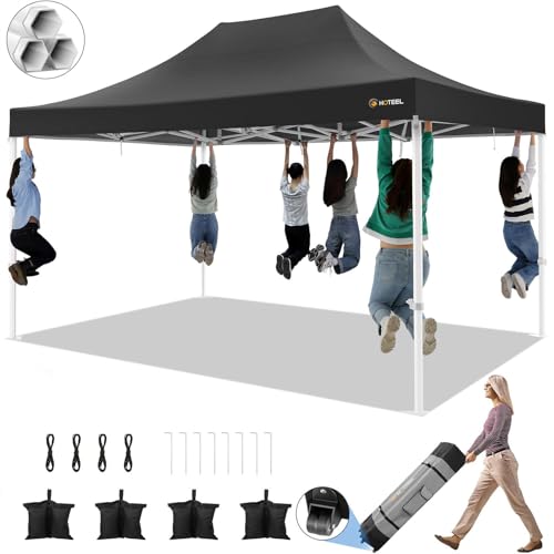 Image of HOTEEL 10x15 Pop up Canopy Tent for Parties, Heavy Duty Easy Setup Tent Without Sidewalls, Outdoor Commercial Instant Gazebo for Wedding Event, with Roller Bag & Sand Bags, Black(Hexagonal Frame)
