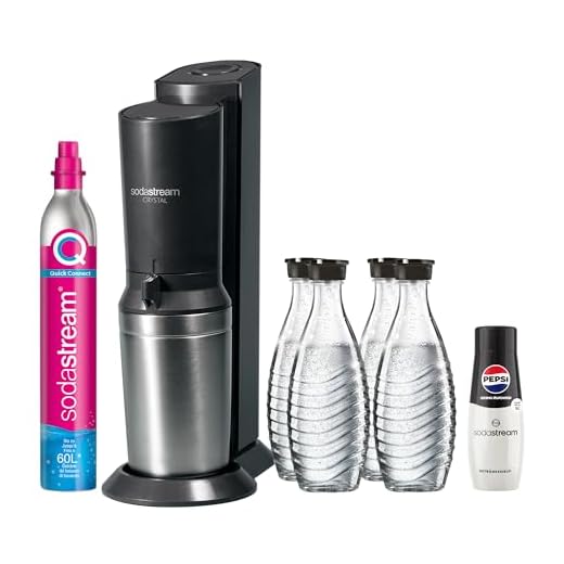 SodaStream Wassersprudler CRYSTAL 3.0 mit Quick-Connect CO2-Zylinder| inkl. 4 x 0,8L CRYSTAL Glasflasche | Farbe: Titan + SodaStream Sirup Pepsi Zero Zucker, 440 ml