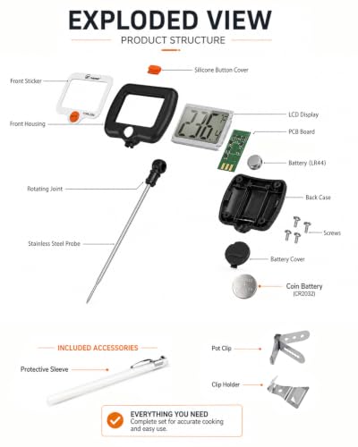 Image of Digital Candy Thermometer with 180 Rotating LED Screen, 304 Stainless Steel Probe, Heat Shield, 2 Pot Clips, Accurate Sugar & Deep Fry Thermometer - Black