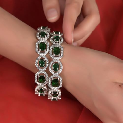 Image of RATNAVALI JEWELS American Diamond Studded Silver Plated Traditional Emerald Green CZ /Diamond Bangles for Women /Girls RV1938GW