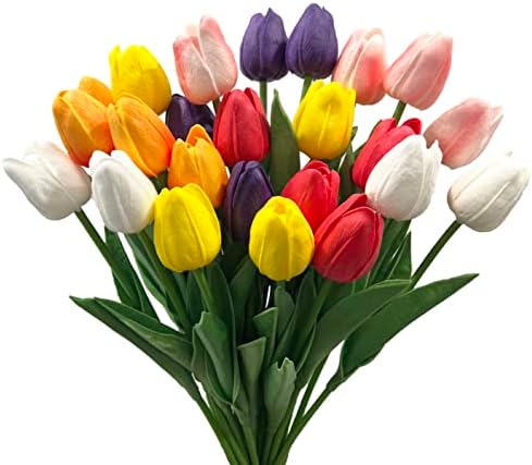 WISTART 24pcs Multicolor Artificial Tulips Flowers Fake Faux PU Tulip Bouquet Real Touch Flower Arrangement for Home Room Office Party Wedding Decoration Excellent Gift Idea for Mothers Day（Multi）