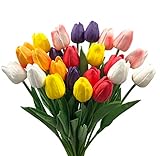 WISTART 24pcs Multicolor Artificial Tulips Flowers Fake Faux PU Tulip Bouquet Real Touch Flower Arra