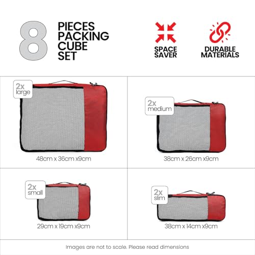 Image of FATMUG Polyester Packing Cubes Travel Pouch Bag Organiser Set Of 8 (2 * Large-Medium-Small And Slim) (Red)