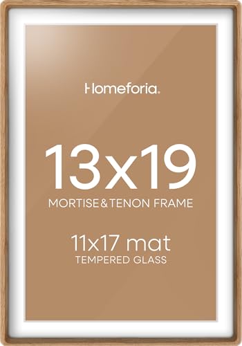 Homeforia 13x19 Frame Natural Wood Mortise & Tenon Light Oak 13 x 19 Picture Frames with Mat 11 by 17 for Wall 13by19 Wooden Poster Frame Matted to 11x17 inch Art Tempered Glass Wall Kit Set of 1