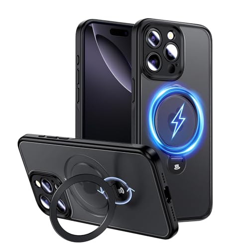 Magic John �Ή�iPhone 16 Pro Max �p �P�[�X �ϏՌ� MagSafe�Ή� ���C�����X�[�d �X�^���h�t�� 360°��] ����~�� ������ �J�����ی� TPU �Y���ɂ��� �z�R���t���ɂ��� �u���b�N