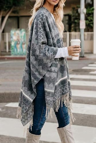 Image of Bestshe Women's Boho Open Front Poncho Plaid Shawl Wrap Cape | Tassel Cardigan Sweater, Cozy Layering, Fall Winter Clothes for Women