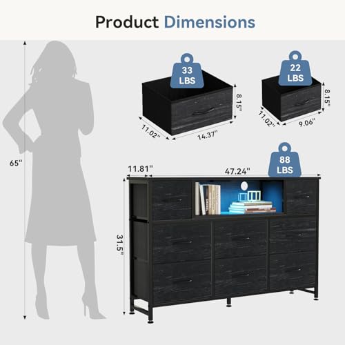 Image of DUMOS TV Stand Dresser with 8 Fabric Drawers and Open Shelves, LED Entertainment Center with Charging Station, Wood Top Media Console for 45-55 inch, Bedroom, Woodgrain Black