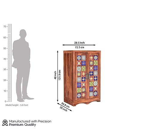 Image of Sheesham Wood Wooden 2 Door Wardrobe Organizer for Clothes | - Solid Wood Almirah with 2 Shelves - with Hanging Space Cupboard for Large Bedroom (Design 22)