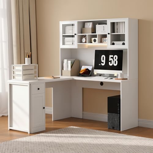TUSY Reversible L Shaped Desk with Hutch & Storage Cabinet, 71&ldquo; Corner Desk with LED, White...