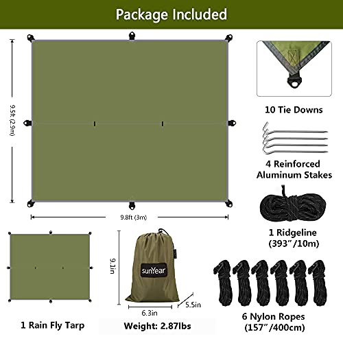 Image of Hammock Rain Fly Tent Tarp Provides Effective Protection Against Rain, Snow. 32ft Long Ridgeline. Big 9.8x9.5ft Durable, Waterproof 210D Oxford. 6 Reflective Guy Lines, 2 Stuff Sacks. Easy Assembly