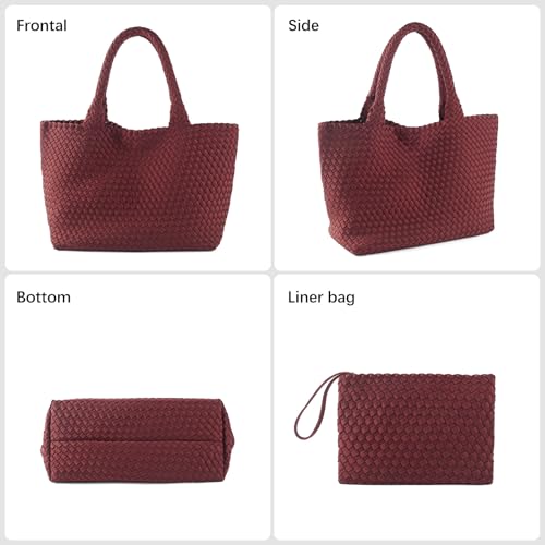 Image of Woven Bag for Women, Large Neoprene Tote Bag Summer Beach Handbag Purse Retro Handmade Travel Shoulder Bag Set